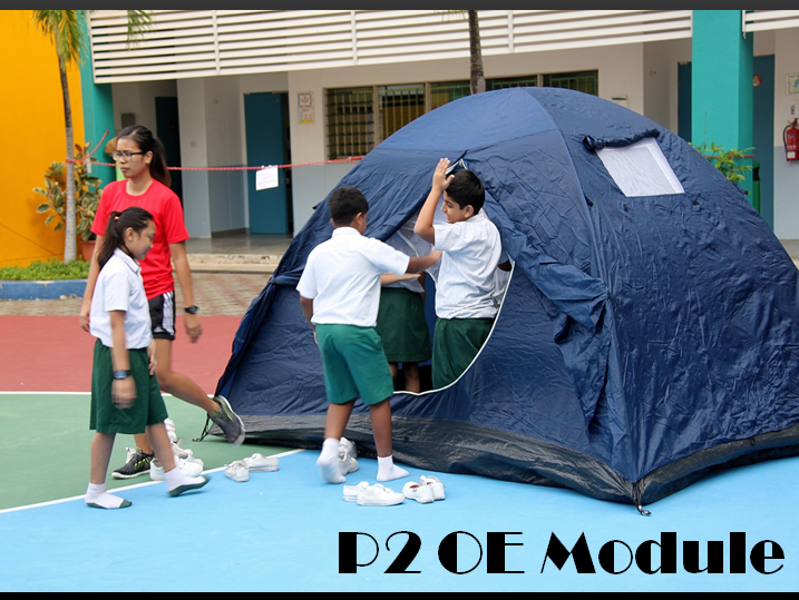 Students in school uniforms setting up a large blue dome tent on a blue court outdoors, labeled P2 OE Module.
